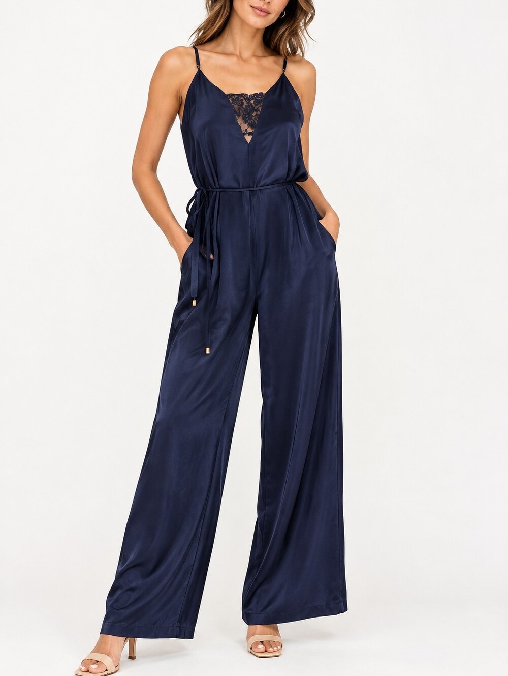 🆕️ Karina Grimaldi Hilda Lace Silk Wide Leg Spaghetti Strap Jumpsuit in Navy